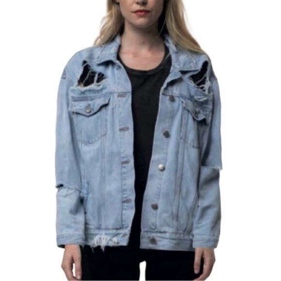 NEON BLONDE Not Mine Jean Jacket Oversized Denim Light Wash Distressed Size S - Picture 4 of 16